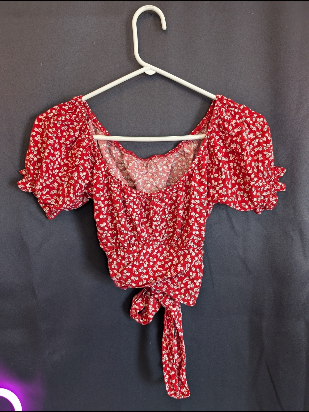 Red Floral Tie-back Women’s Two Piece Flowy Puff Sleeve Crop Top Long Skirt Set - Picture 2 of 13